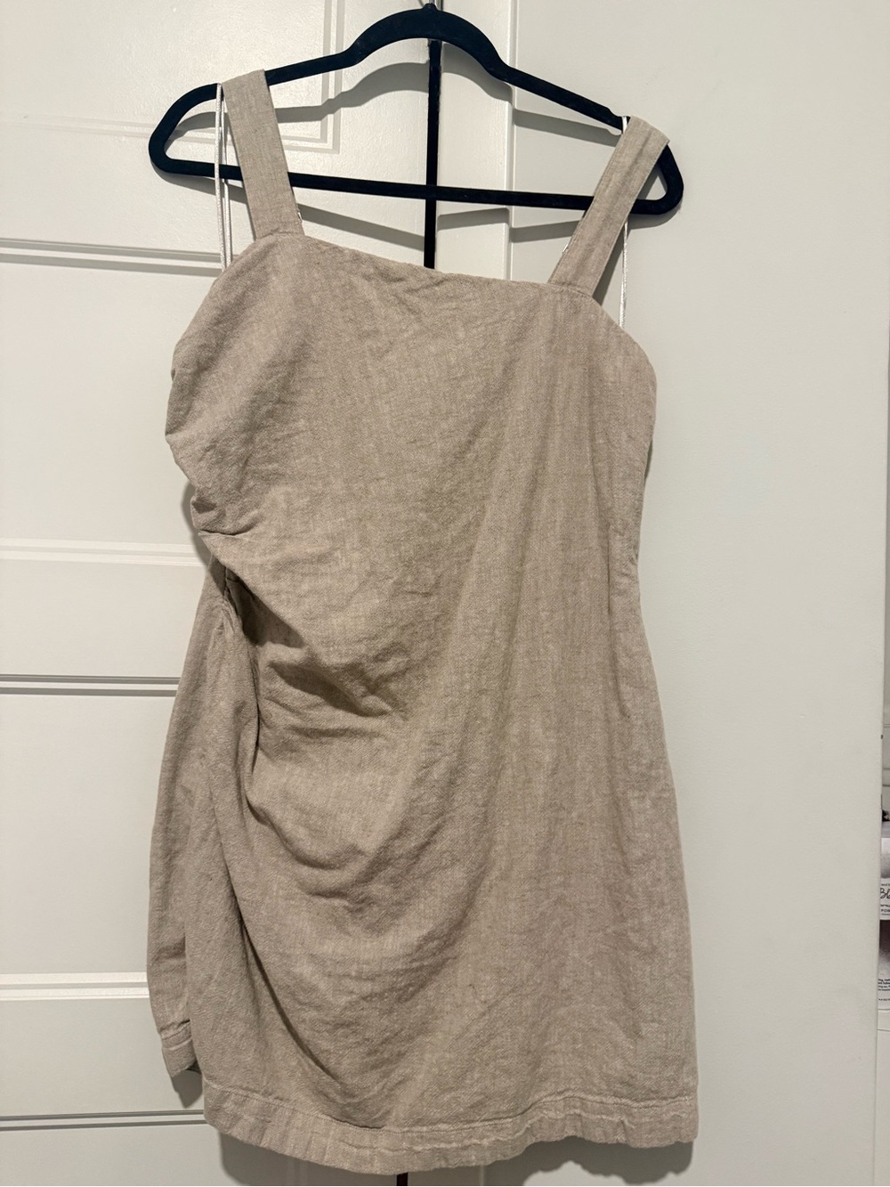 Abercrombie and Fitch Linen Beige Mini Dress square shoulder side rouching - Picture 4 of 6